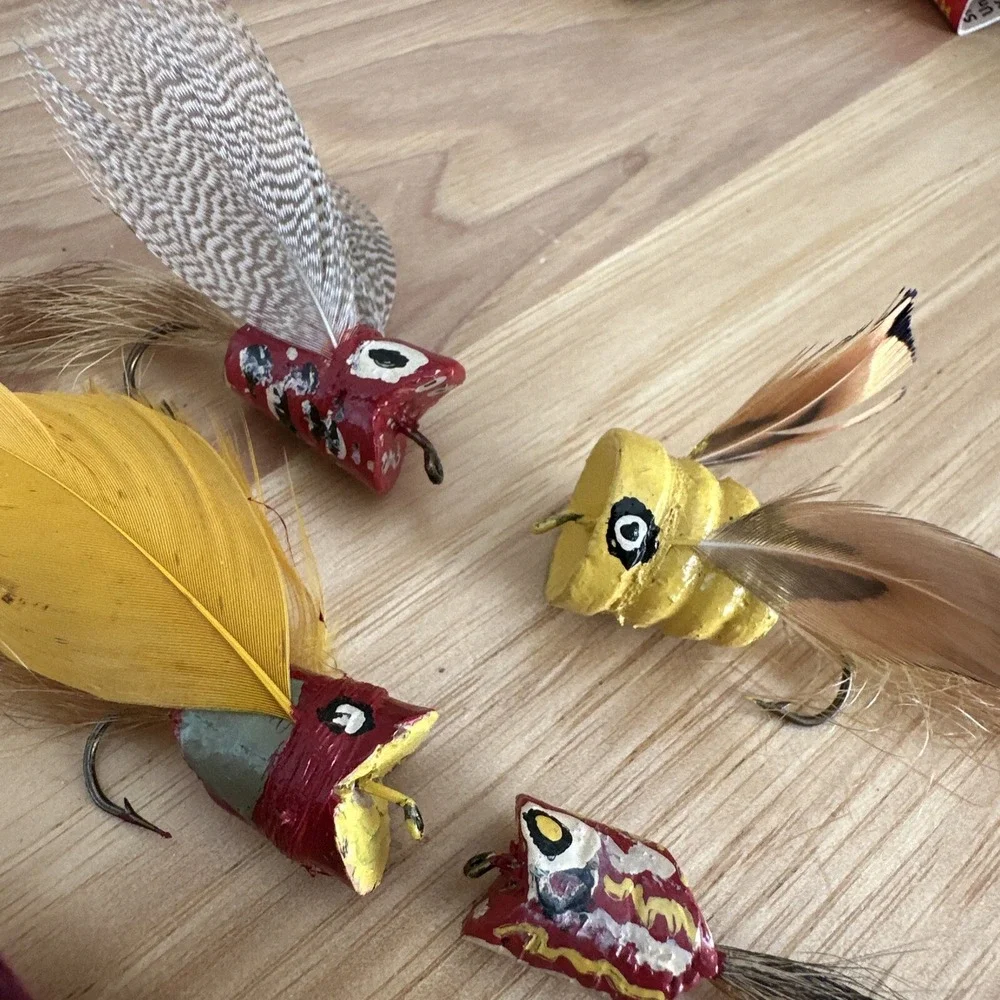 Vtg Handmade Fly Fishing Cork Popper Lures Lot of 5 Feathers Horsehair (1)